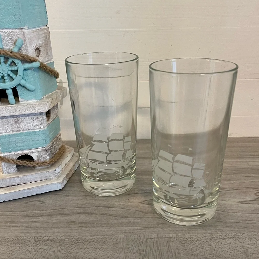Vintage Schooner Sailing Ship Tumblers Glasses 12 oz. set of Two